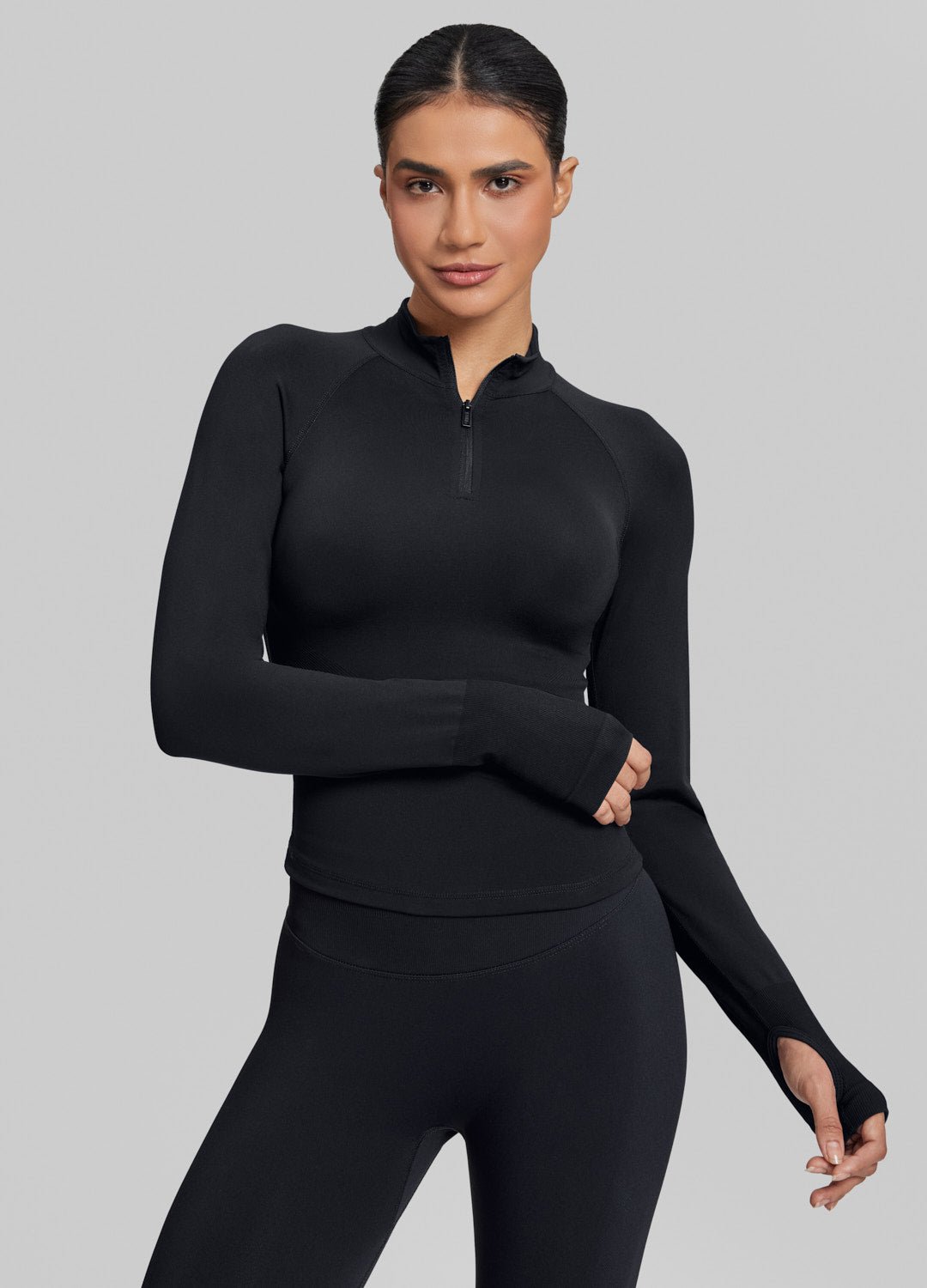 Ultrasculpt Longline Form-Fitting Seamless Thumb Hole Twill Knit Half-Zip Top - Image 6