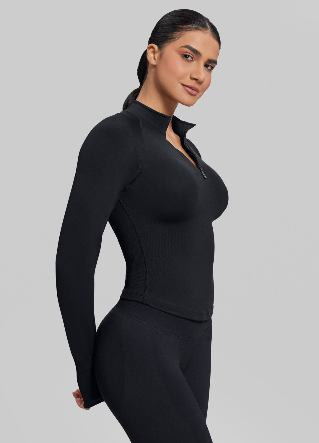 Ultrasculpt Longline Form-Fitting Seamless Thumb Hole Twill Knit Half-Zip Top - Image 5