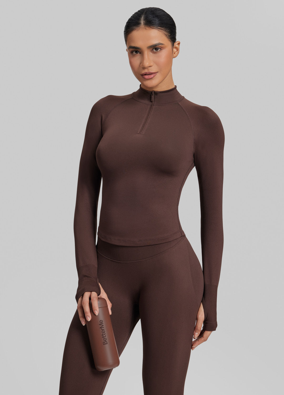 Ultrasculpt Longline Form-Fitting Seamless Thumb Hole Twill Knit Half-Zip Top - Image 6