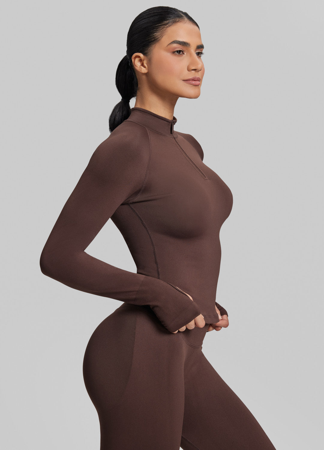 Ultrasculpt Longline Form-Fitting Seamless Thumb Hole Twill Knit Half-Zip Top - Image 2