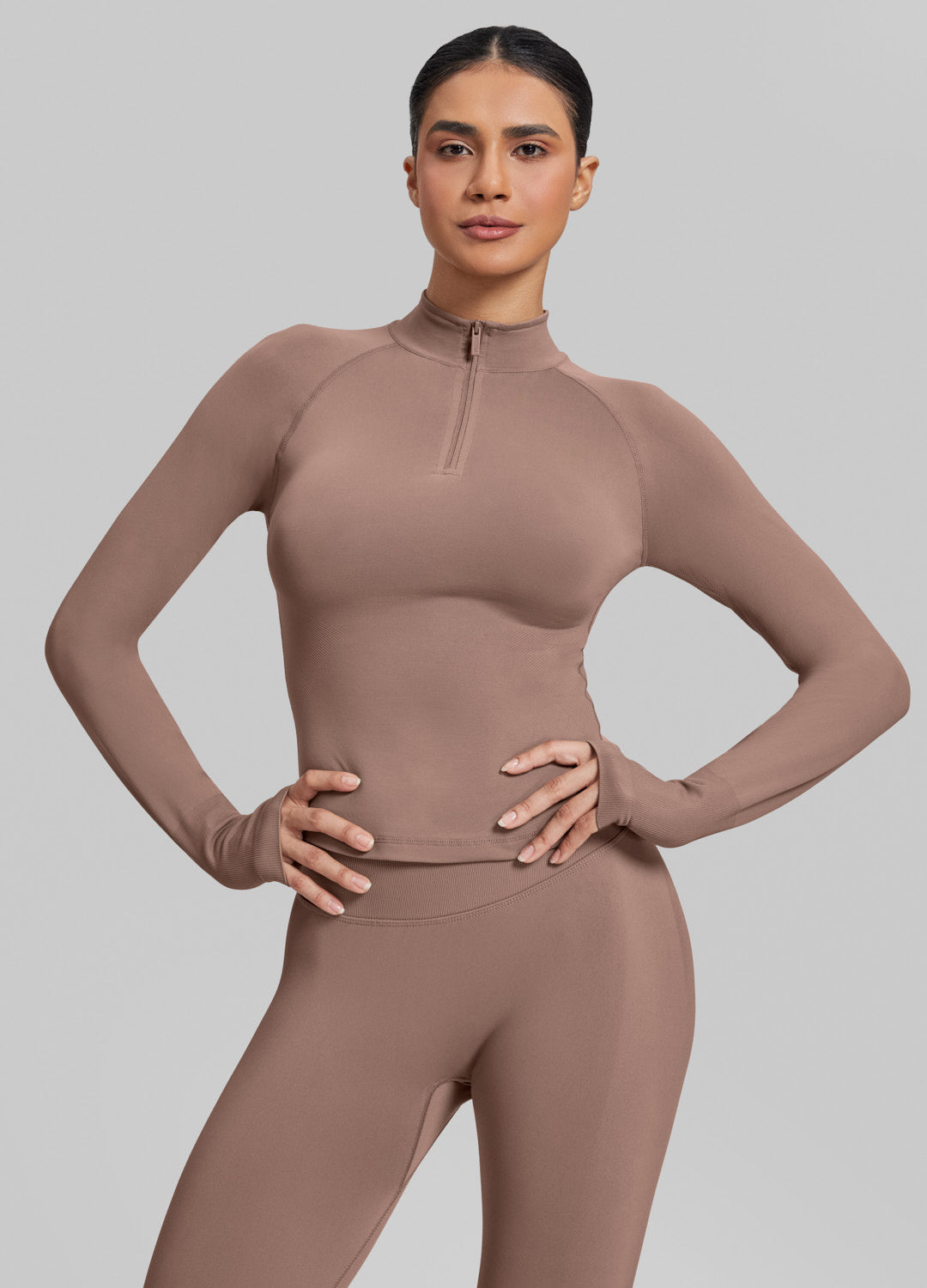 Ultrasculpt Longline Form-Fitting Seamless Thumb Hole Twill Knit Half-Zip Top - Image 5