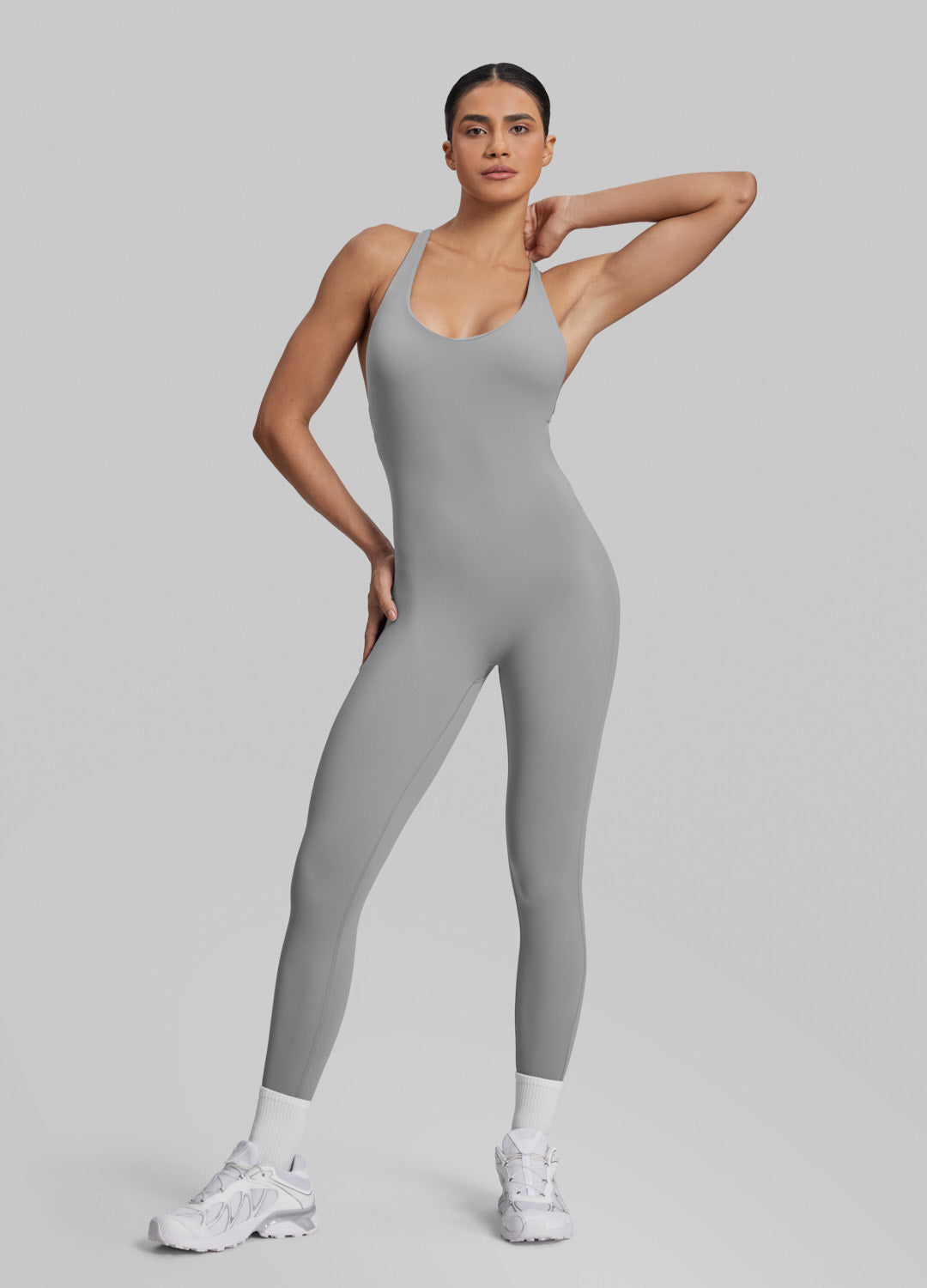 Form-Fitting Full Length Crossback Built-in Bra Sweat-Wicking Bodysuit - Image 5
