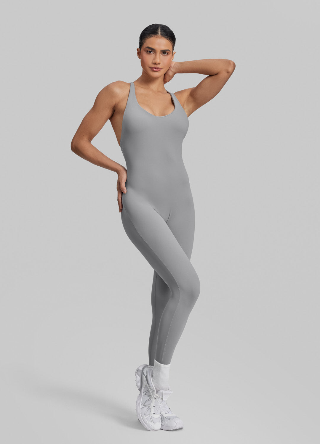 Form-Fitting Full Length Crossback Built-in Bra Sweat-Wicking Bodysuit - Image 6